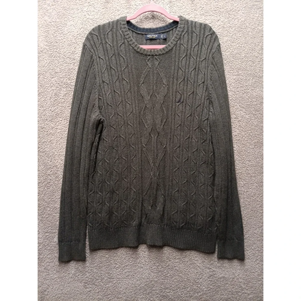 Nautica Men's Sweater Large Gray 100% Cotton Cable Knit Crewneck